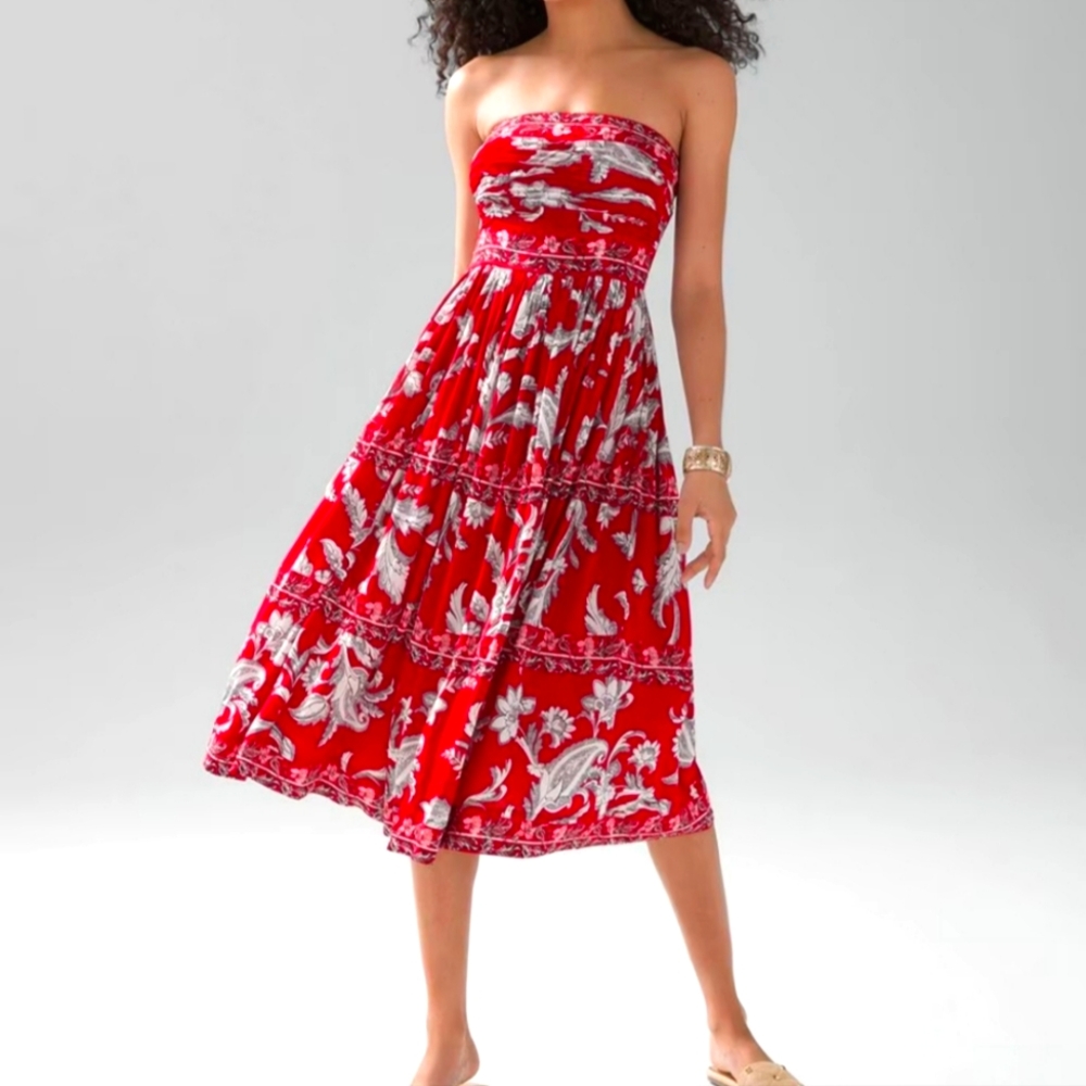 White house Black Maret Red print strapless dress